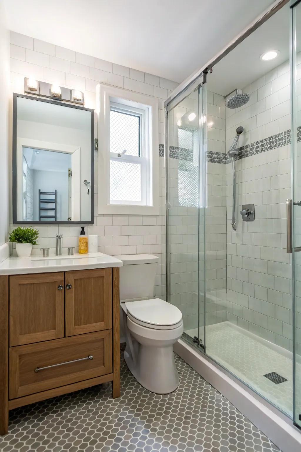 Glass doors without frames create a seamless and open shower area.