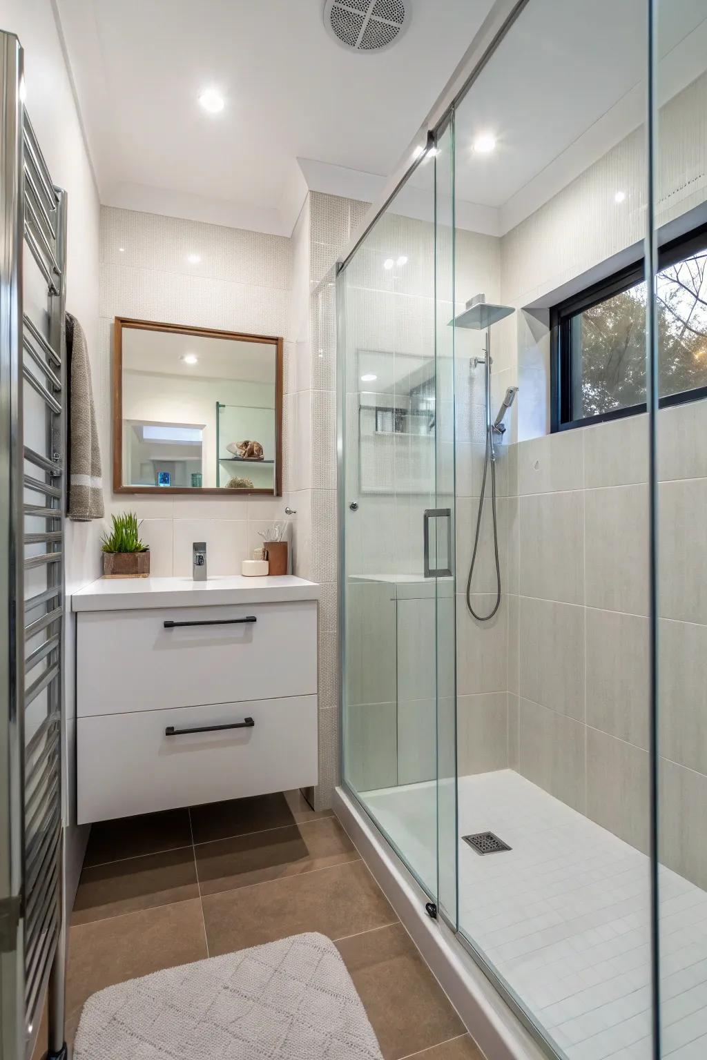 A walk-in shower equipped with glass entrances possesses the ability to render a modest lavatory more expansive.