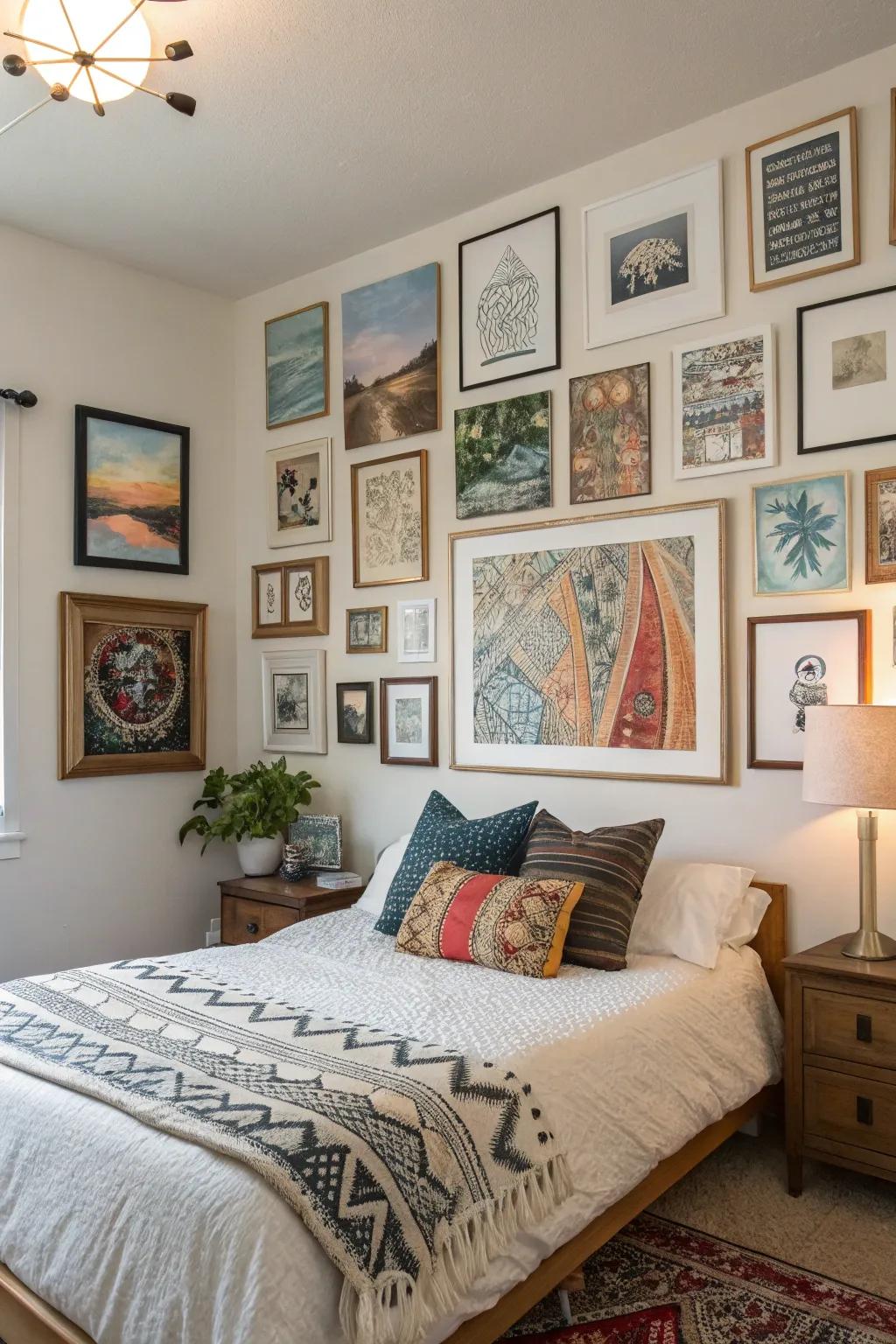Mixed media art results in an eclectic and vibrant aspect to your bedroom.