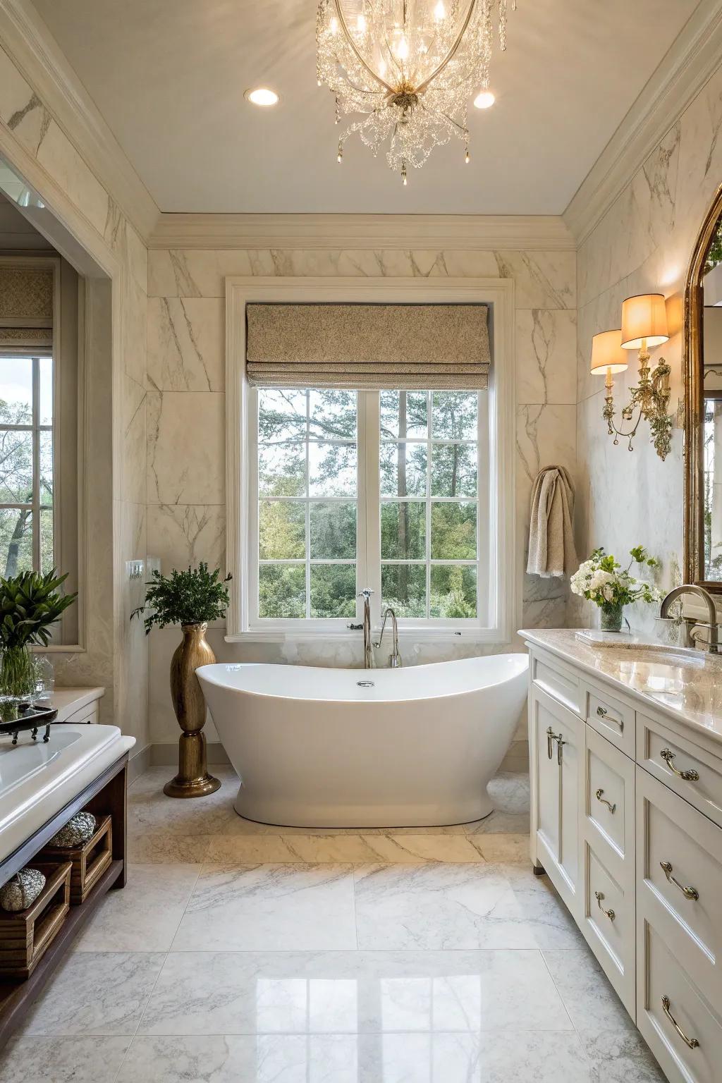Standalone tub serving as a central design element, complemented by elegant bathroom decorations.