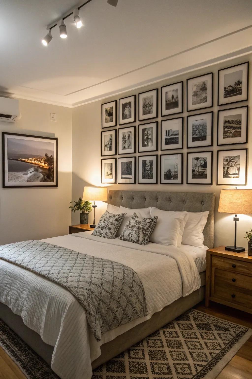 Photographs in black and white bring a timeless beauty to your bedroom.