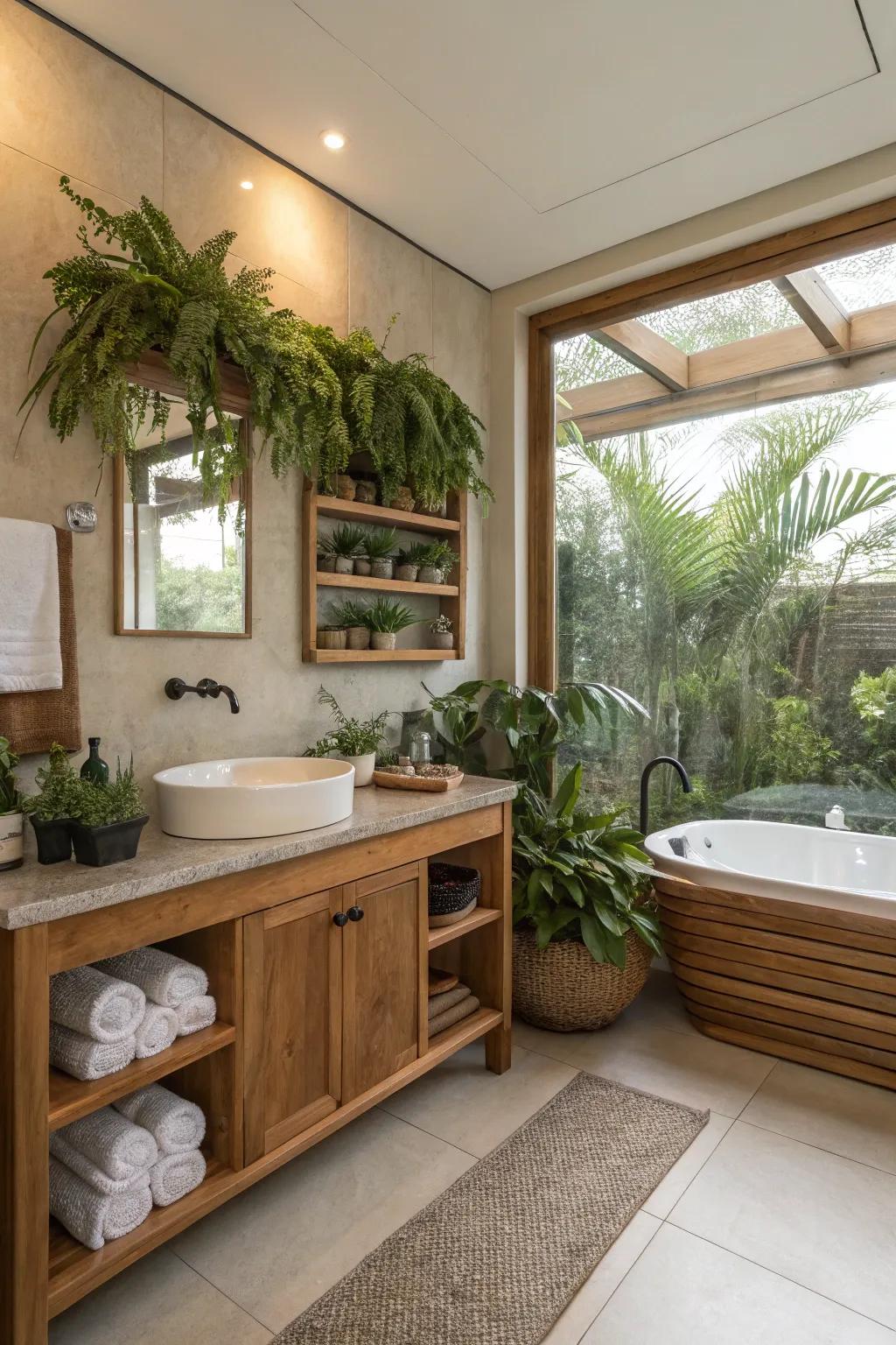 Wood detailing and flora contributing to a spa-like bathroom feel.