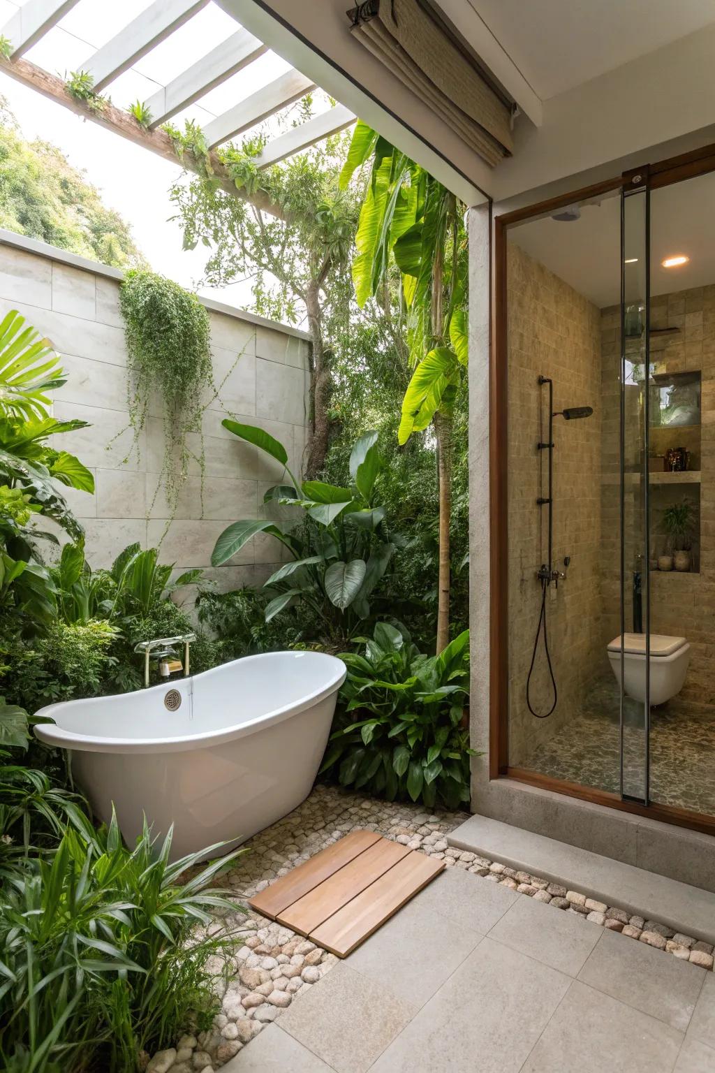 Vegetation providing a fresh and welcoming atmosphere to the bathroom.