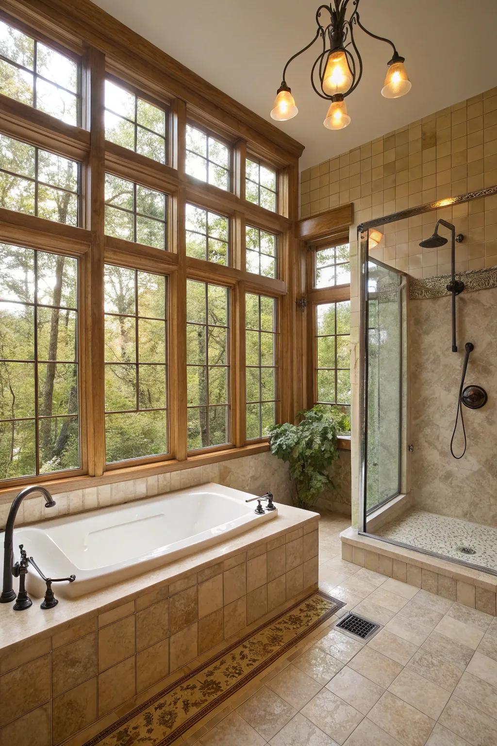 Large windows enhancing natural light within the bathroom.