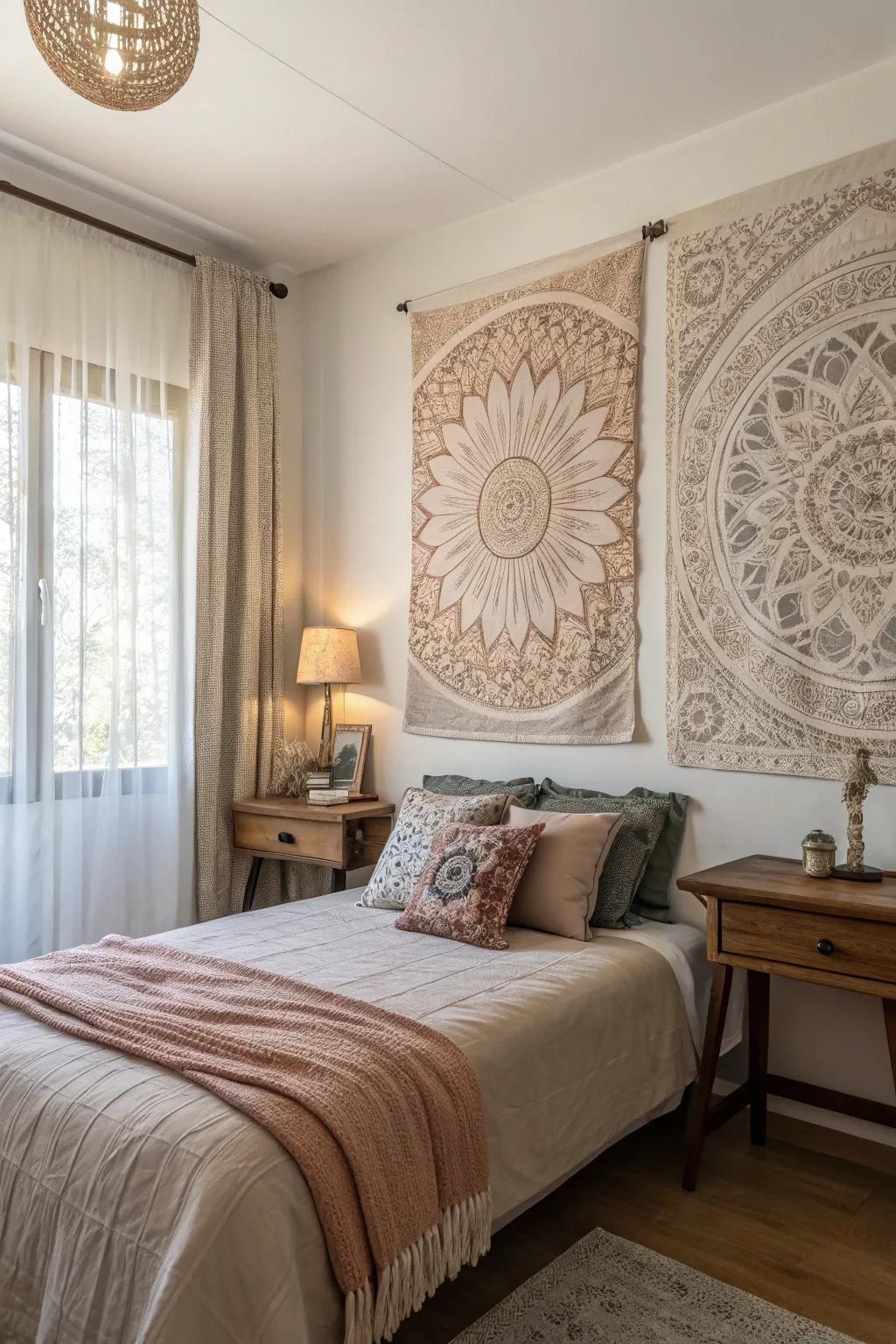 Textured art contributes dimension and interest to your bedroom.