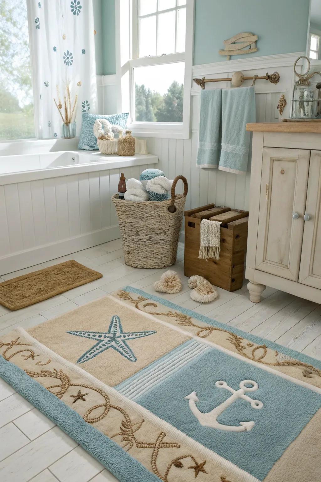 Seashore-inspired floor covering knits the space's coastal design harmoniously.