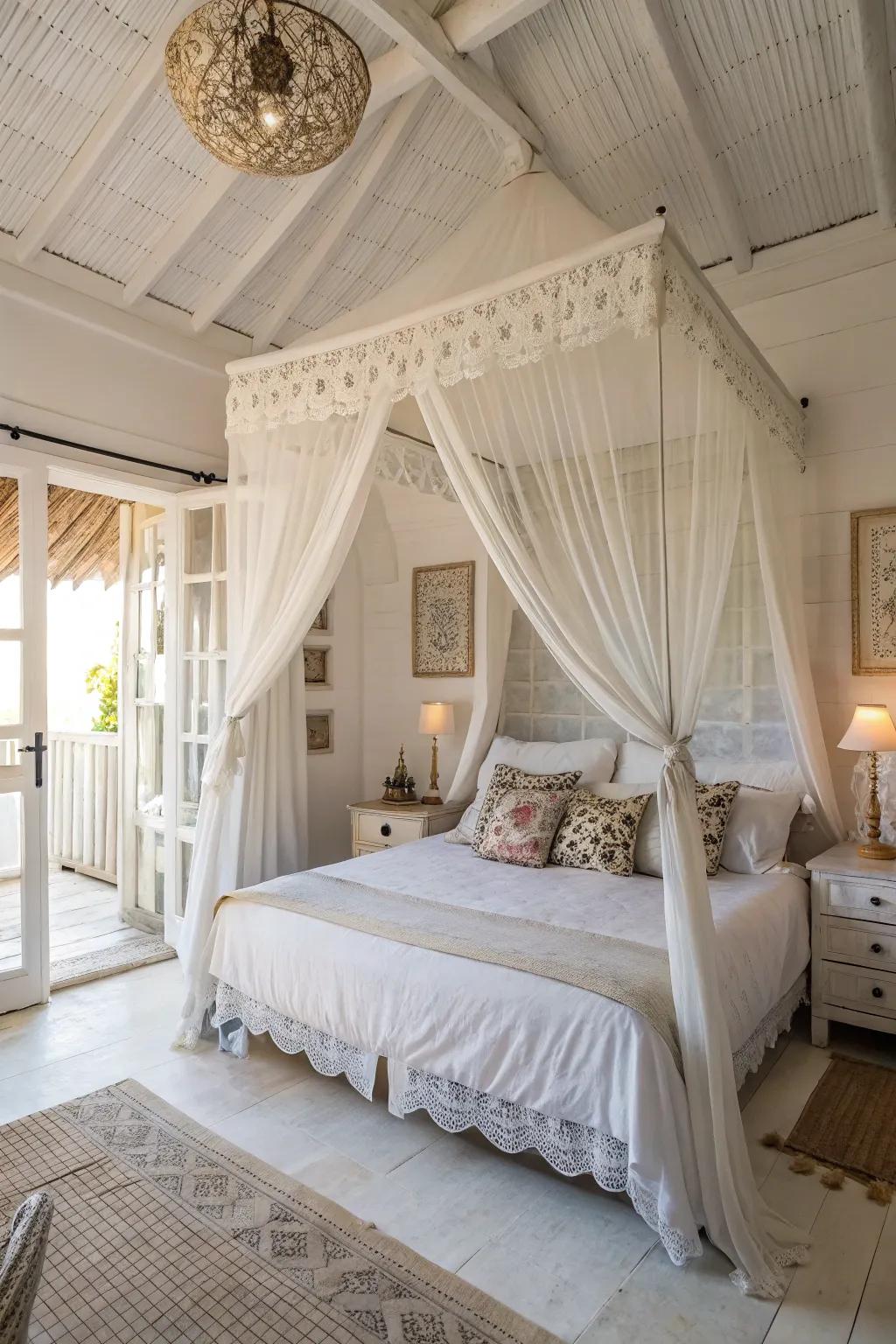 A canopy contributes romance and intimacy to a white interior.