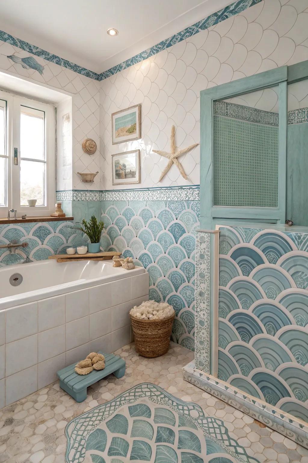 Oceanic-inspired tiles contribute an understated appreciation for the ocean's splendor.