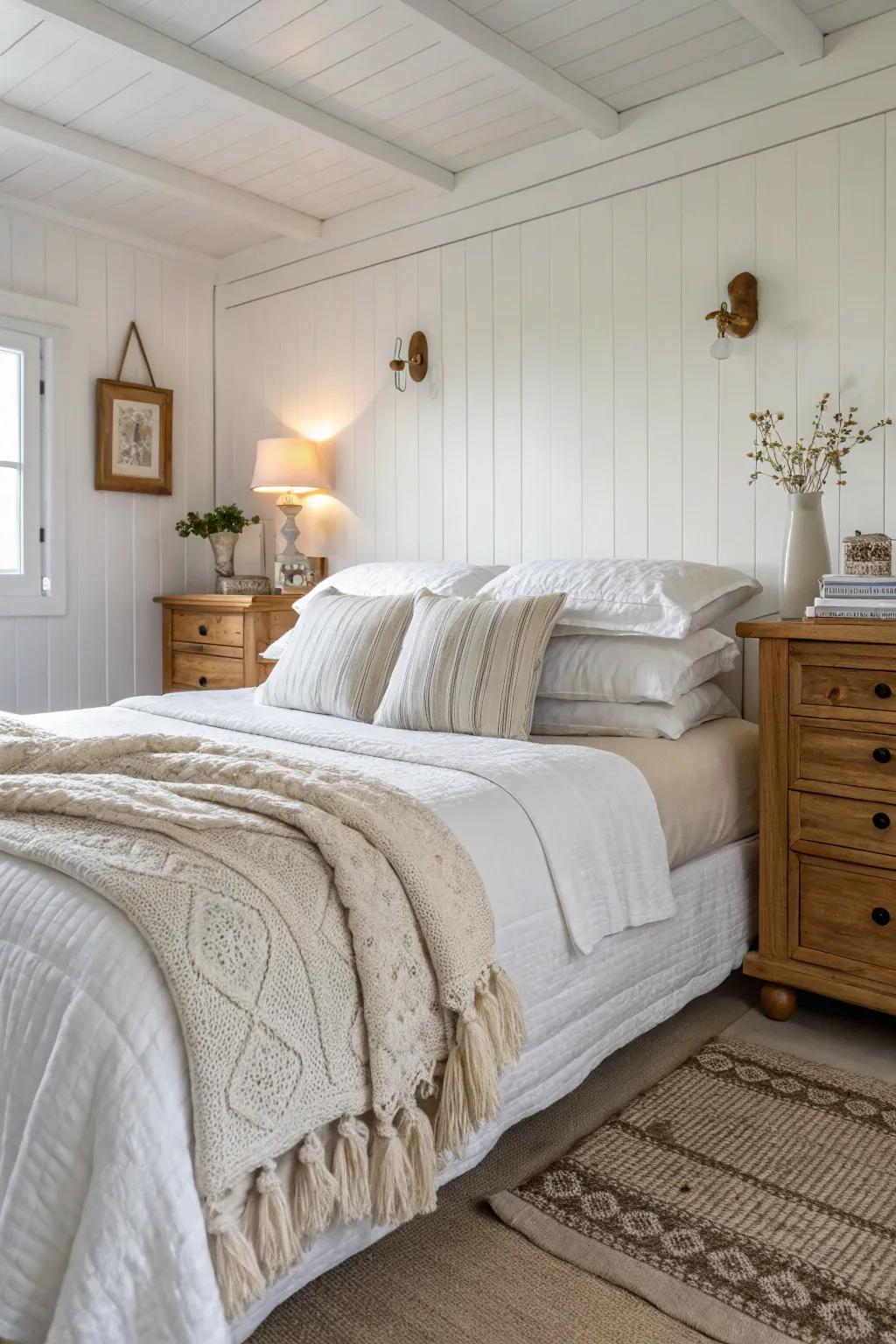 Stratified bedding contributes opulence and comfort to a white interior.