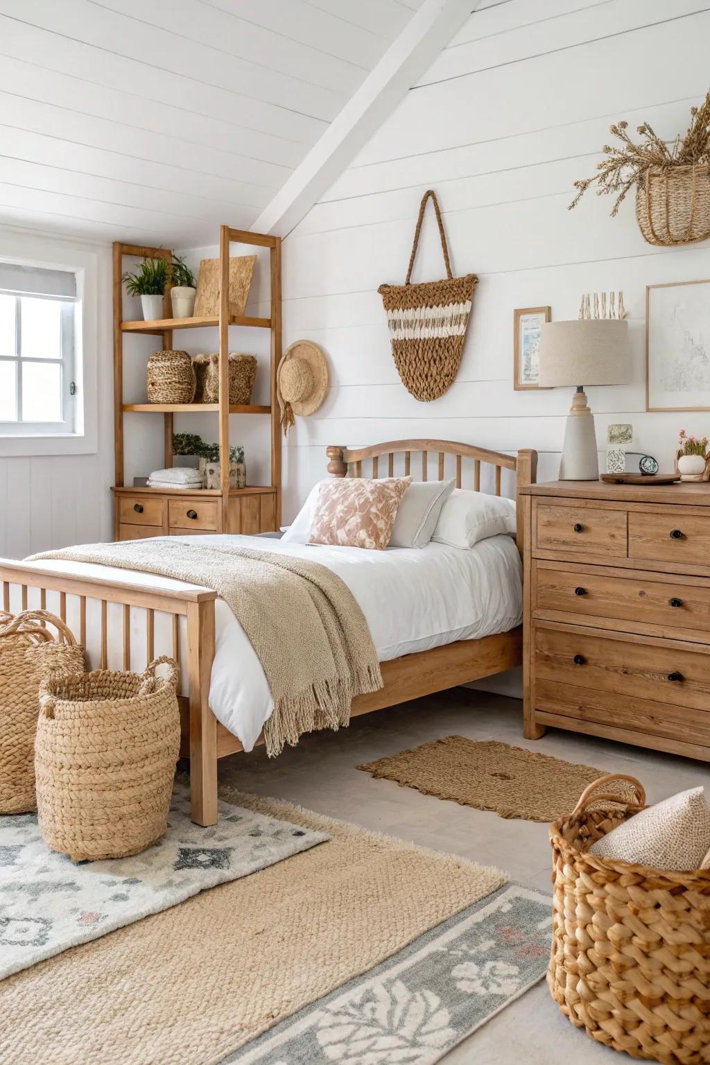 Natural materials such as wood and woven elements infuse a white bedroom with warmth.