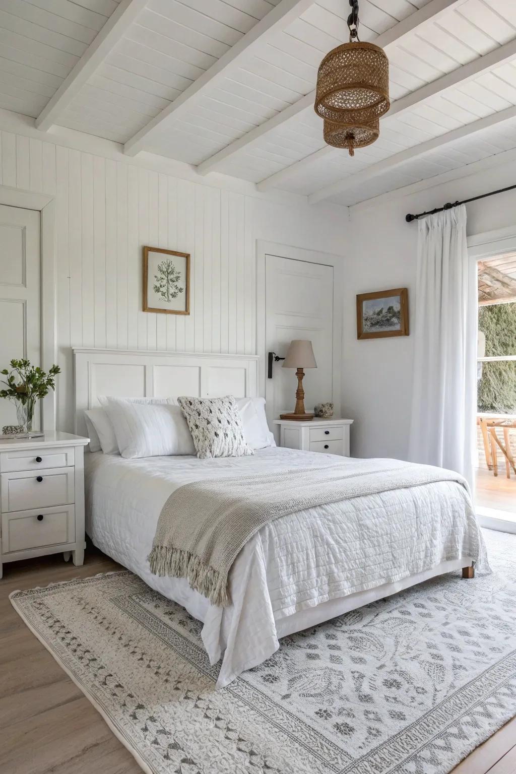 A monochromatic palette in a white bedroom maximizes light and space.