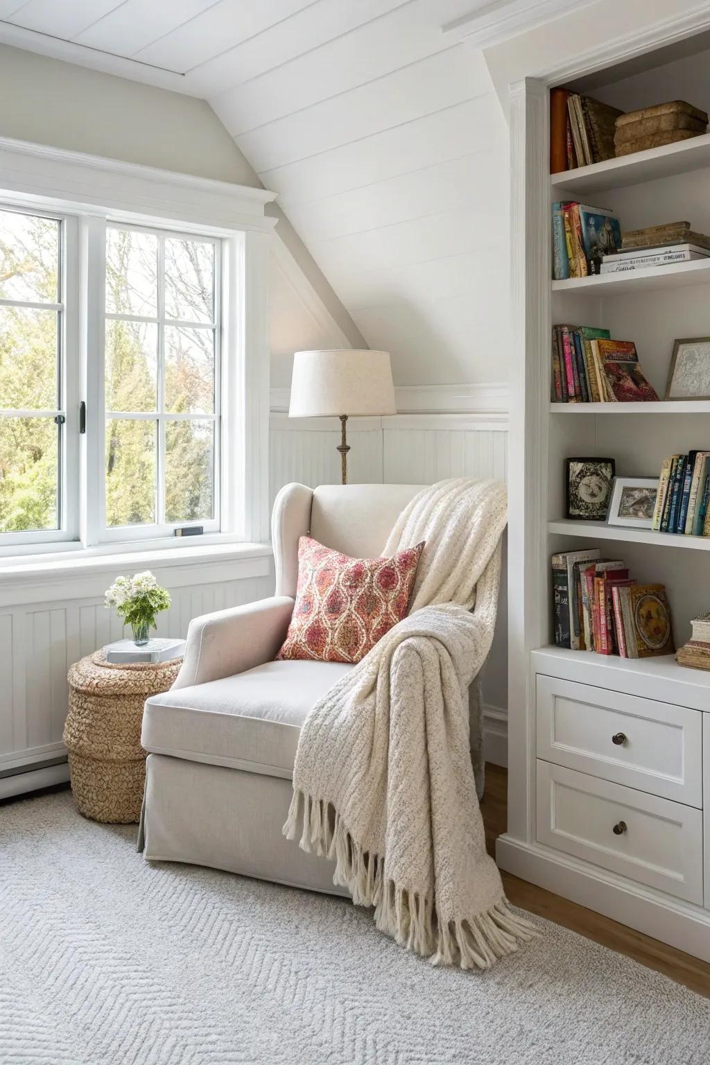 A snug alcove delivers a personal sanctuary in a white interior.