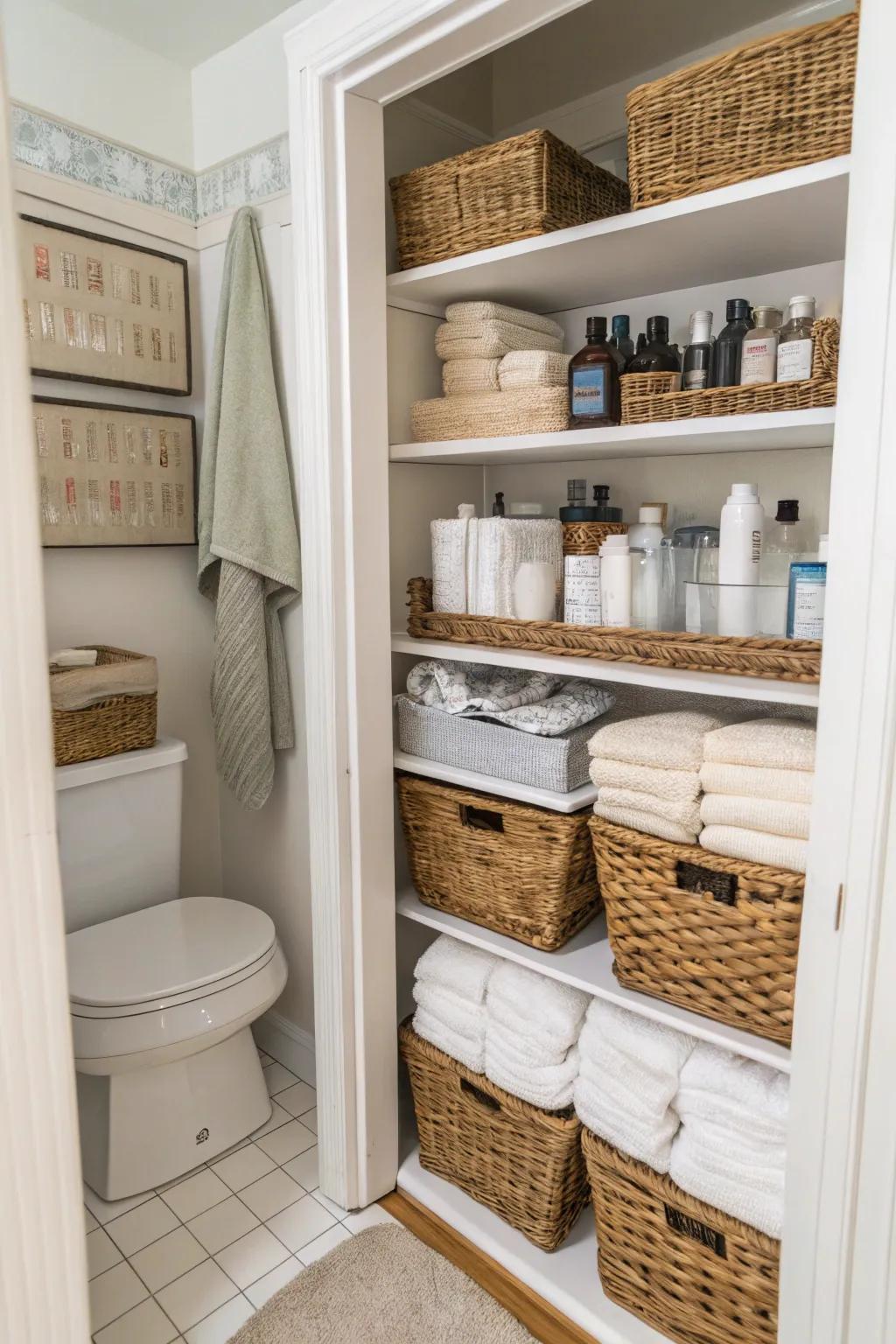 Efficient storage strategies in a compact bathroom using shelves and containers.