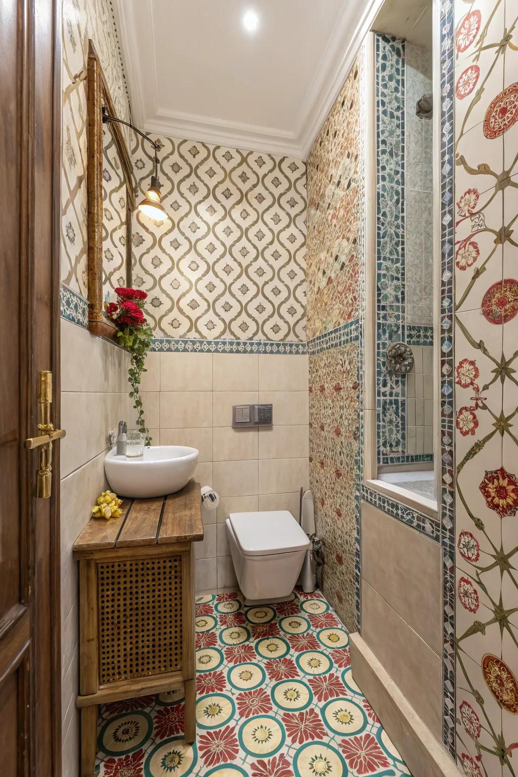Ornamental touches bring energy to a compact bathroom with patterned wallpaper.