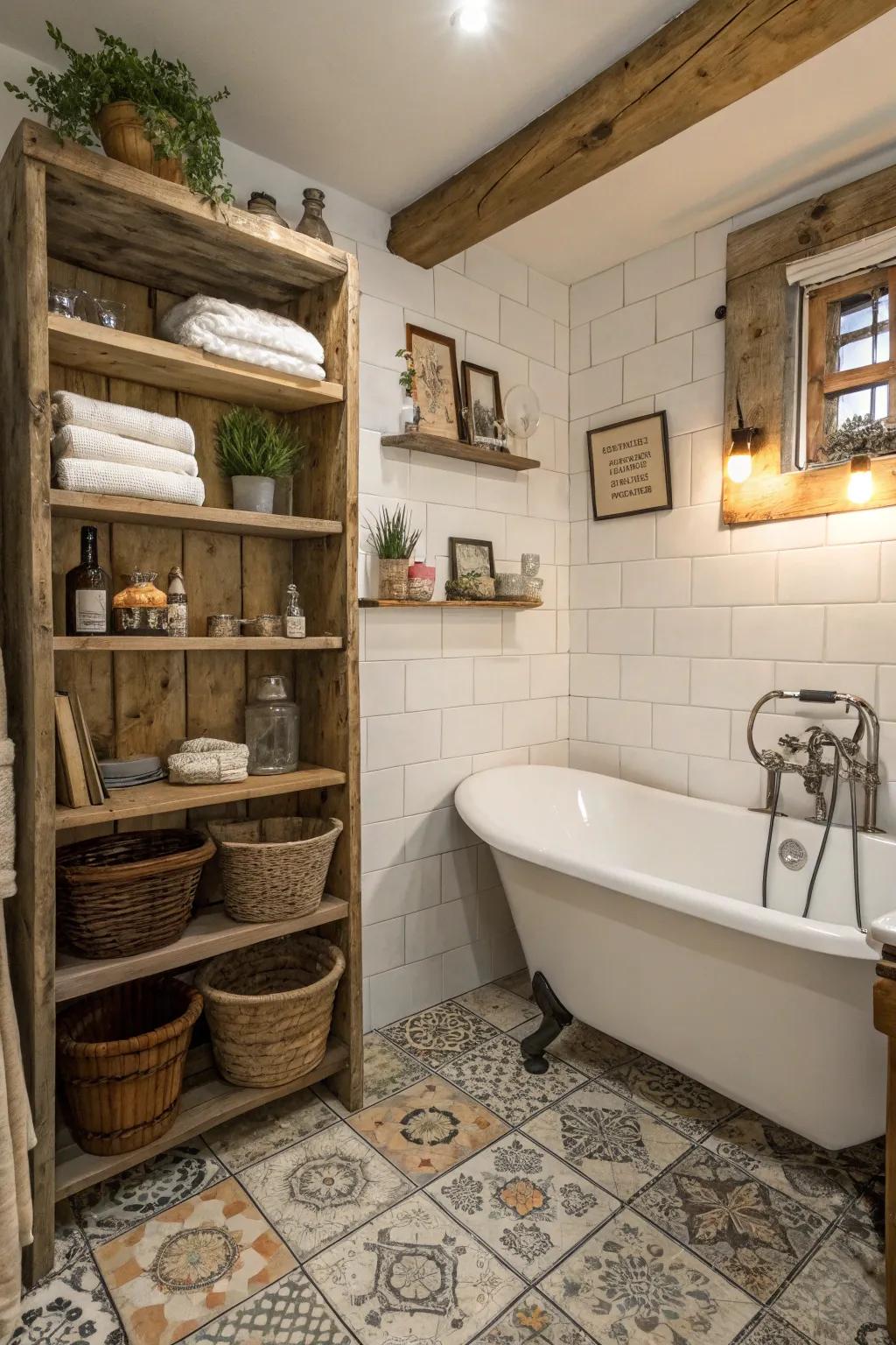 Reused materials add distinctive character to this compact bathroom.