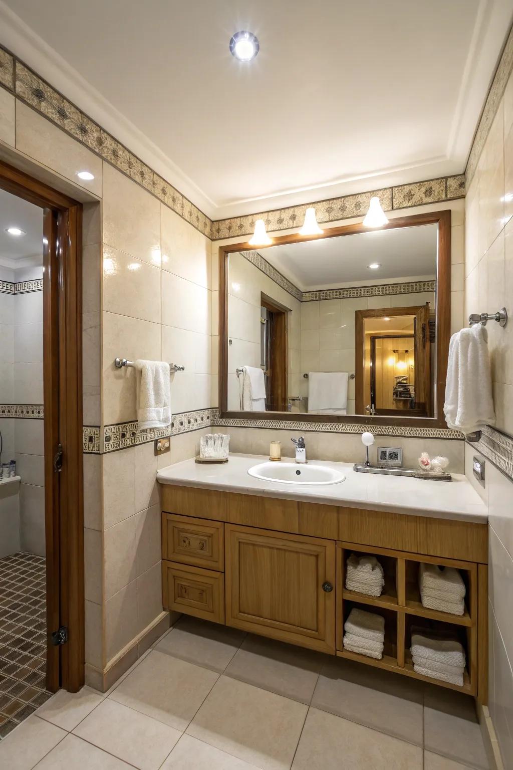 A large mirror enhances the feeling of space in a compact bathroom.