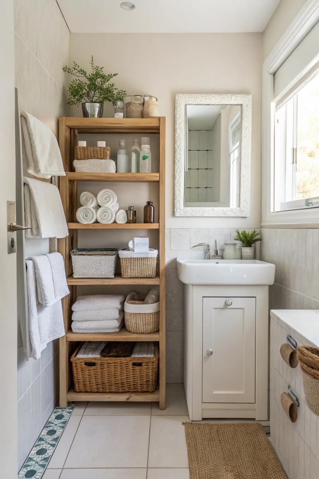 Open shelving provides accessible storage in a compact bathroom.