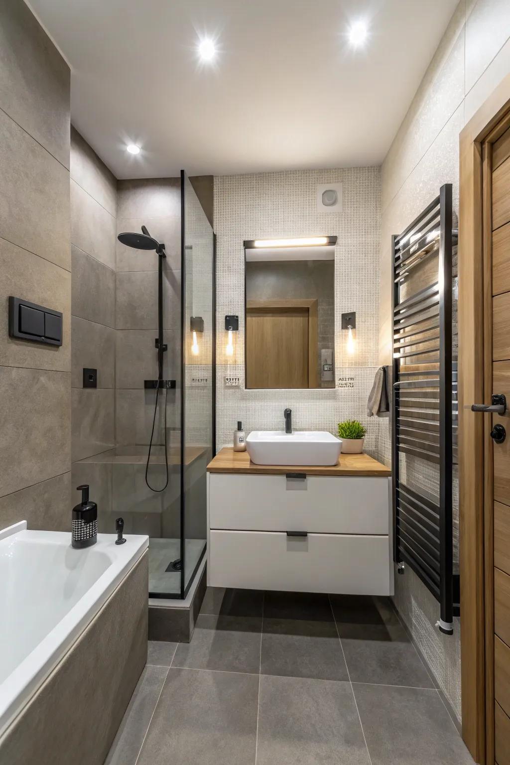 Wall-attached fixtures provide a streamlined look in this compact bathroom.