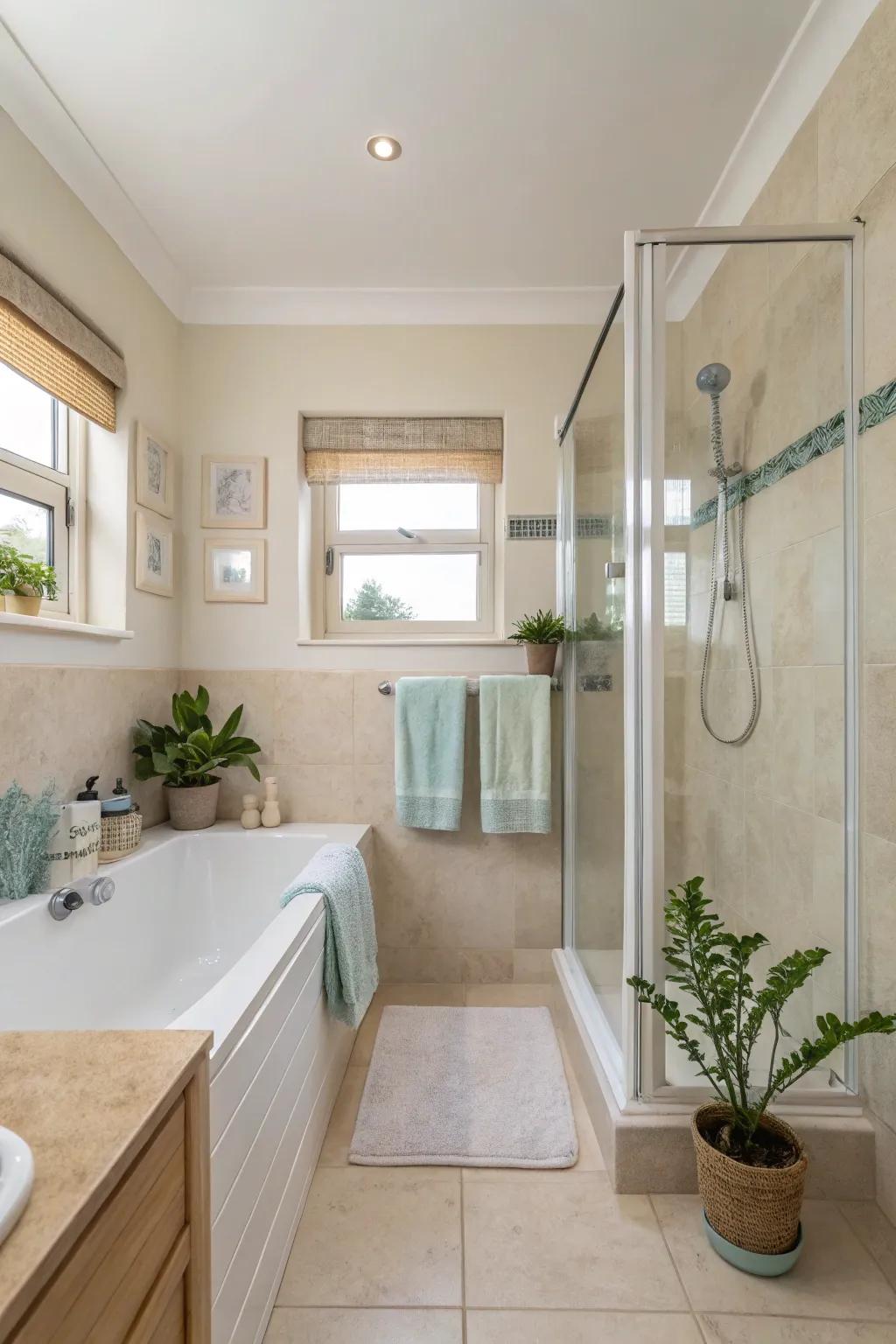 A bright and spacious compact bathroom designed using whites and pastels.