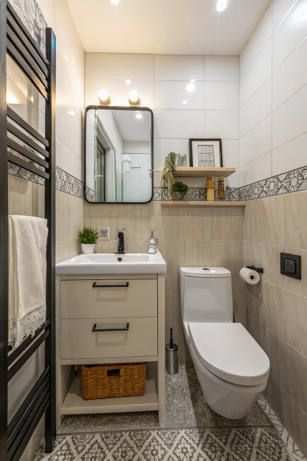 A compact bathroom showcasing a space-saving washstand and toilet to optimize the available area.