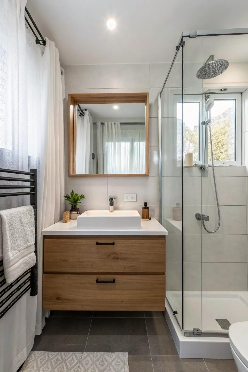 A wall-hung washstand adds modern appeal to this compact bathroom.