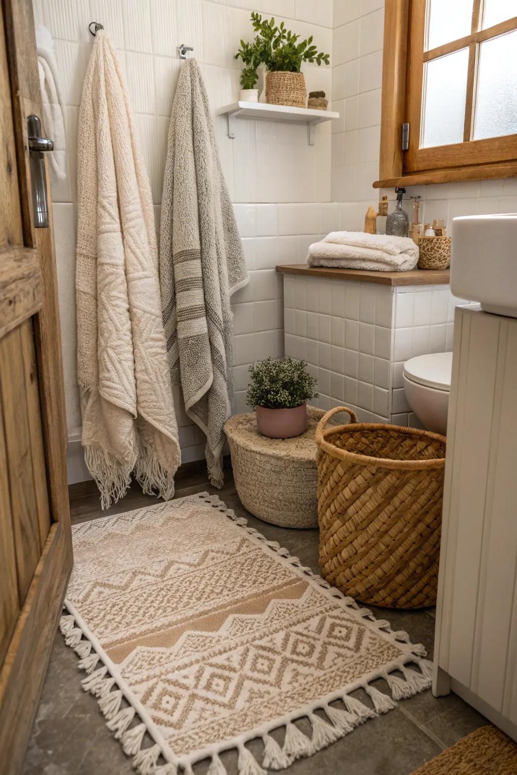 Textured details bring warmth and style to this compact bathroom.