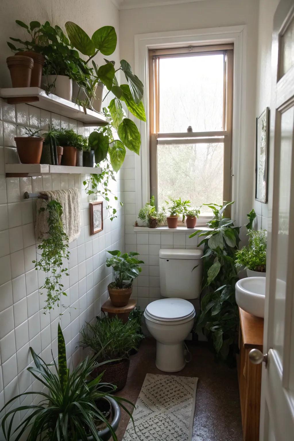 Indoor plants add a natural and fresh touch to this compact bathroom.