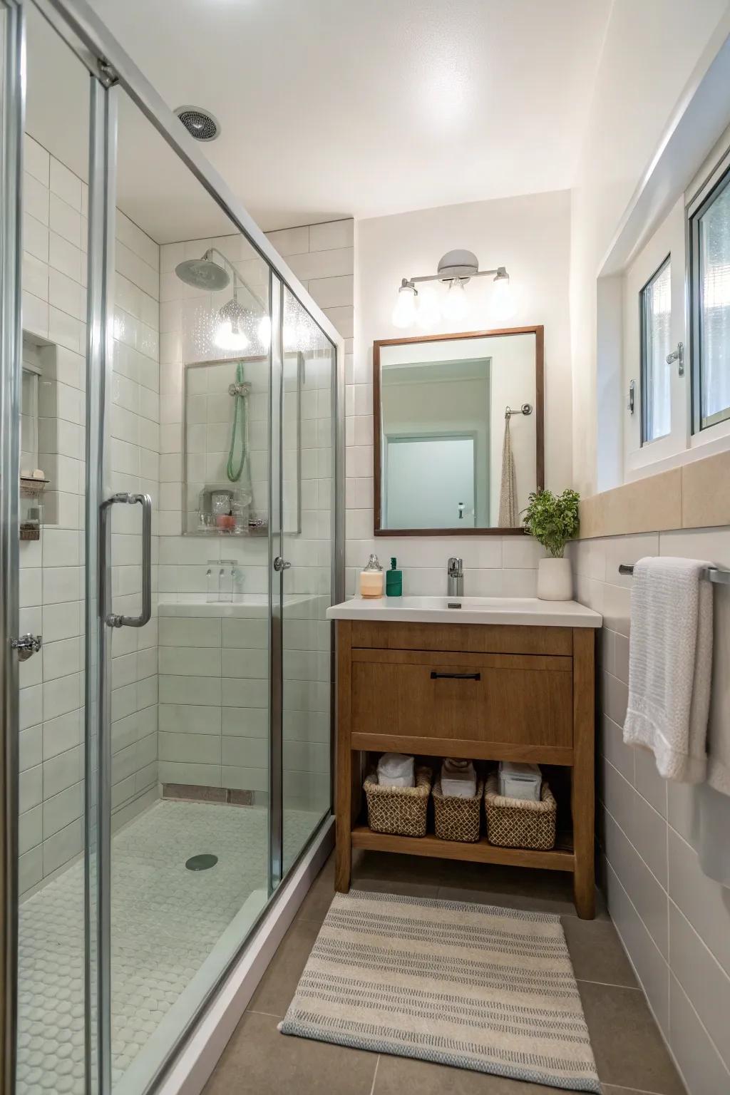 A step-free shower with glass panels expands this compact bathroom.