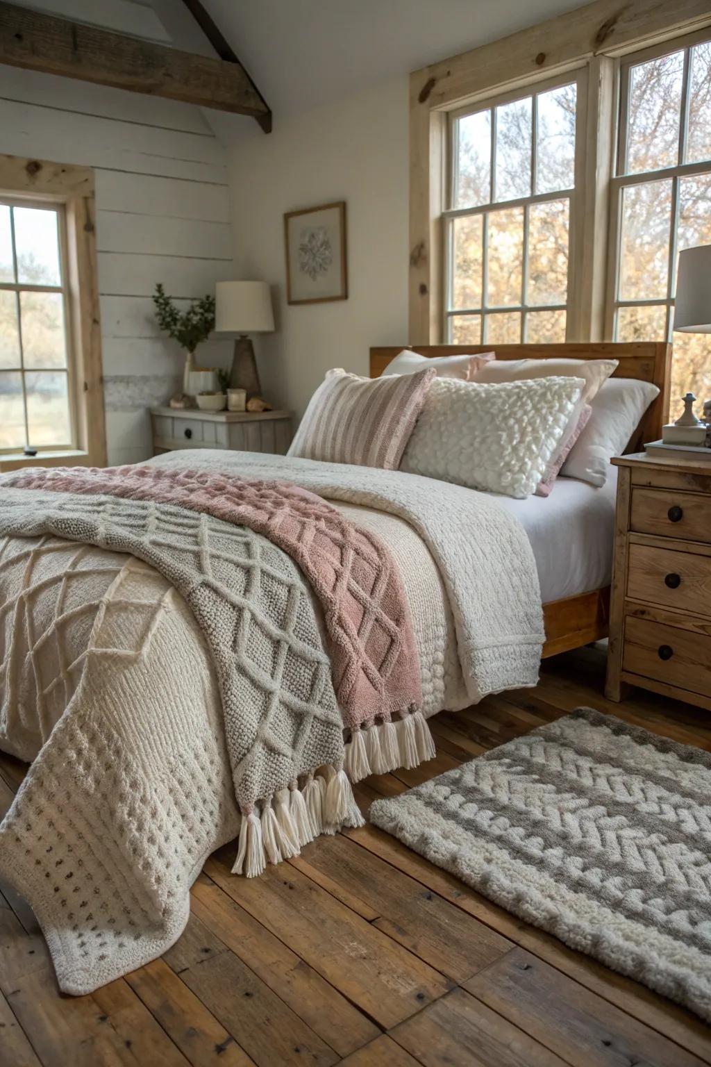 Bedding with texture elevates the comfort level.