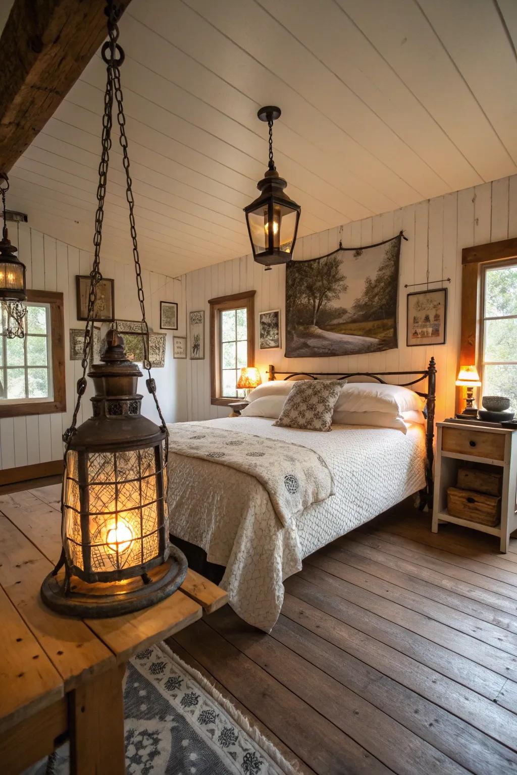 Rustic lanterns furnish a comfortable radiance.
