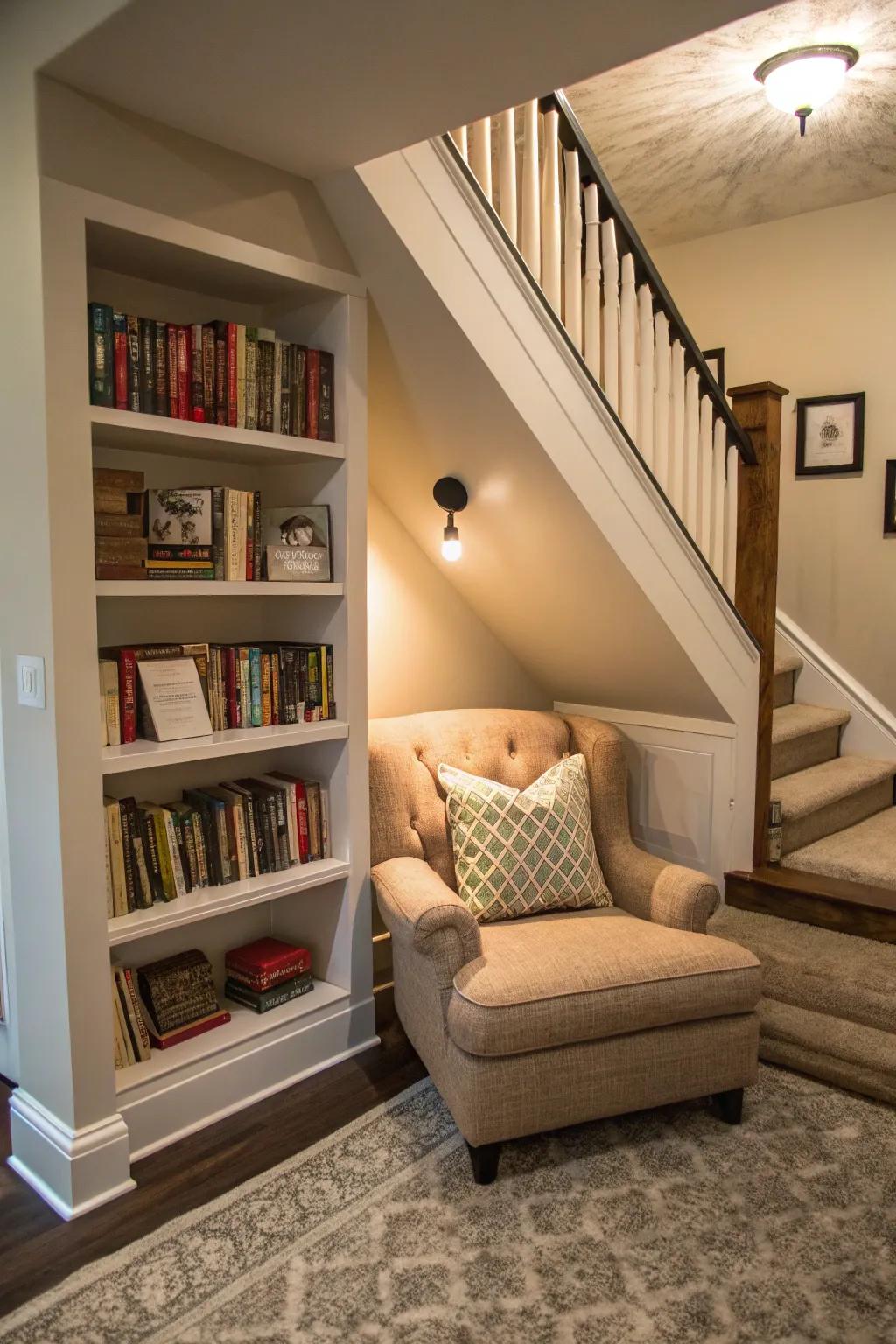 Make use of the area under your stairs to create a private reading spot.