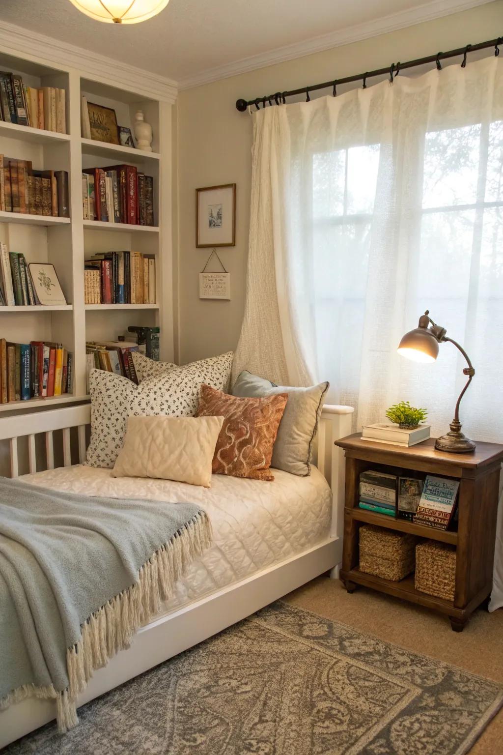 A versatile area that functions as both a reading nook and a guest bed.
