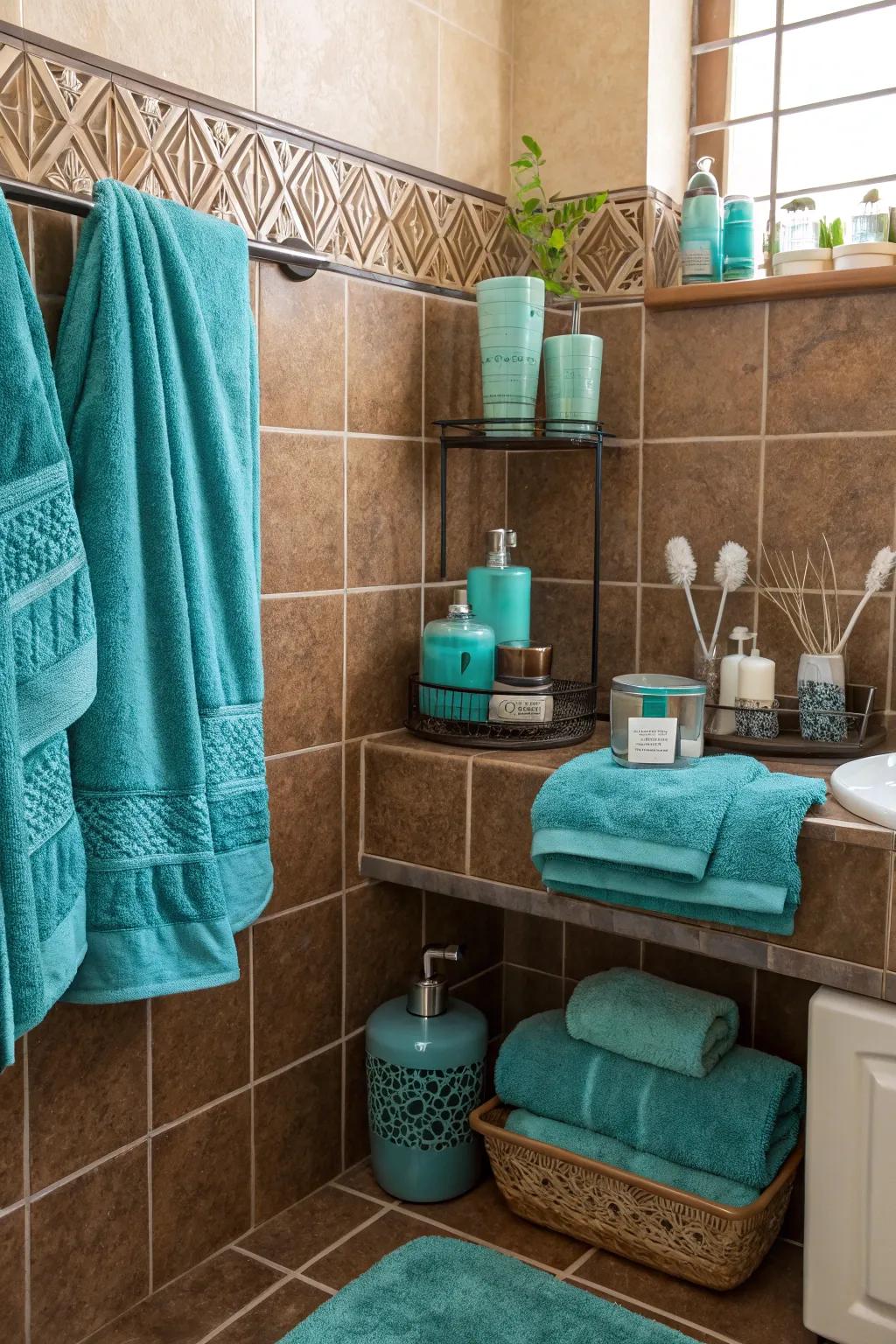 Accent colors like teal bring vibrancy to vintage brown tiles.