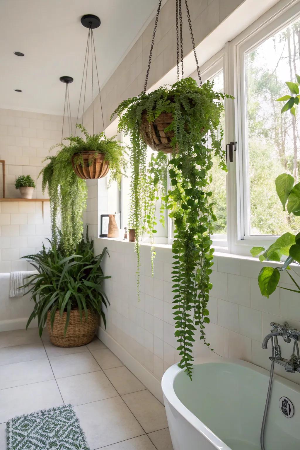 Hanging plants add vertical interest and whimsy.