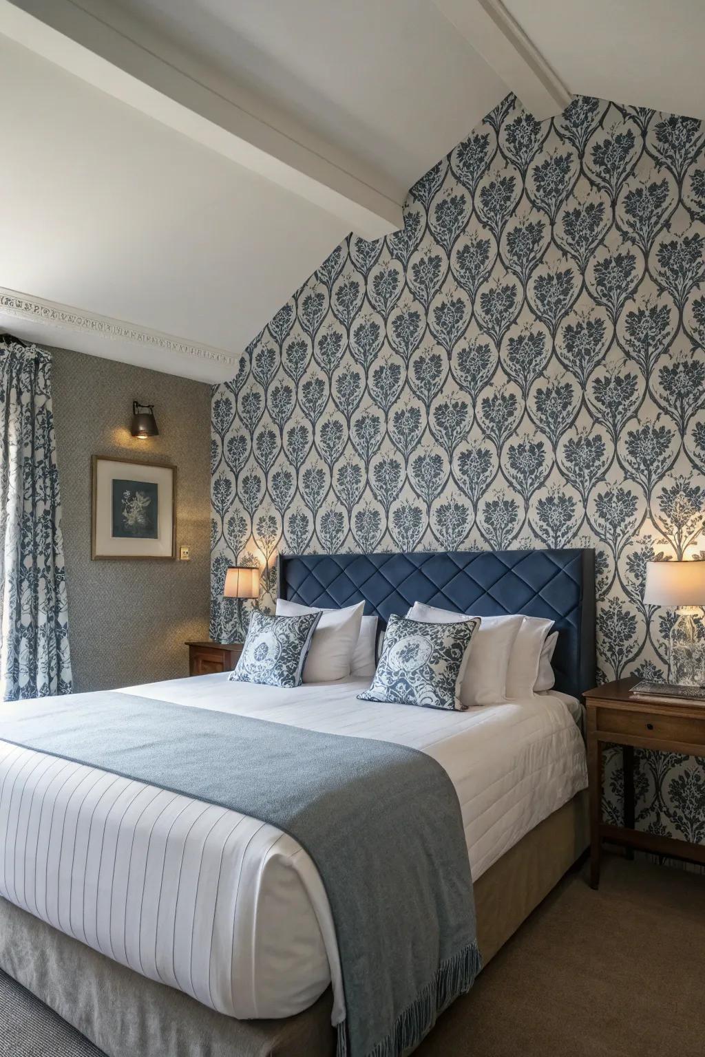 Extending wallpaper to the ceiling adds drama and height to any bedroom.