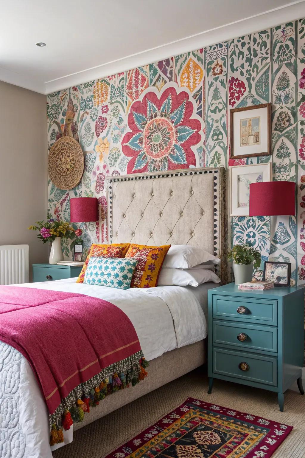 Mixing patterns creates a dynamic and visually intriguing bedroom focal point.