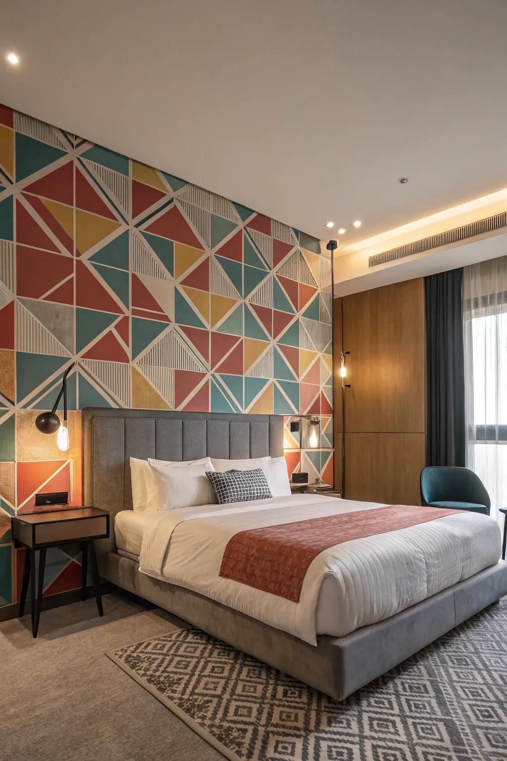 Geometric patterns add a contemporary touch to bedroom decor.