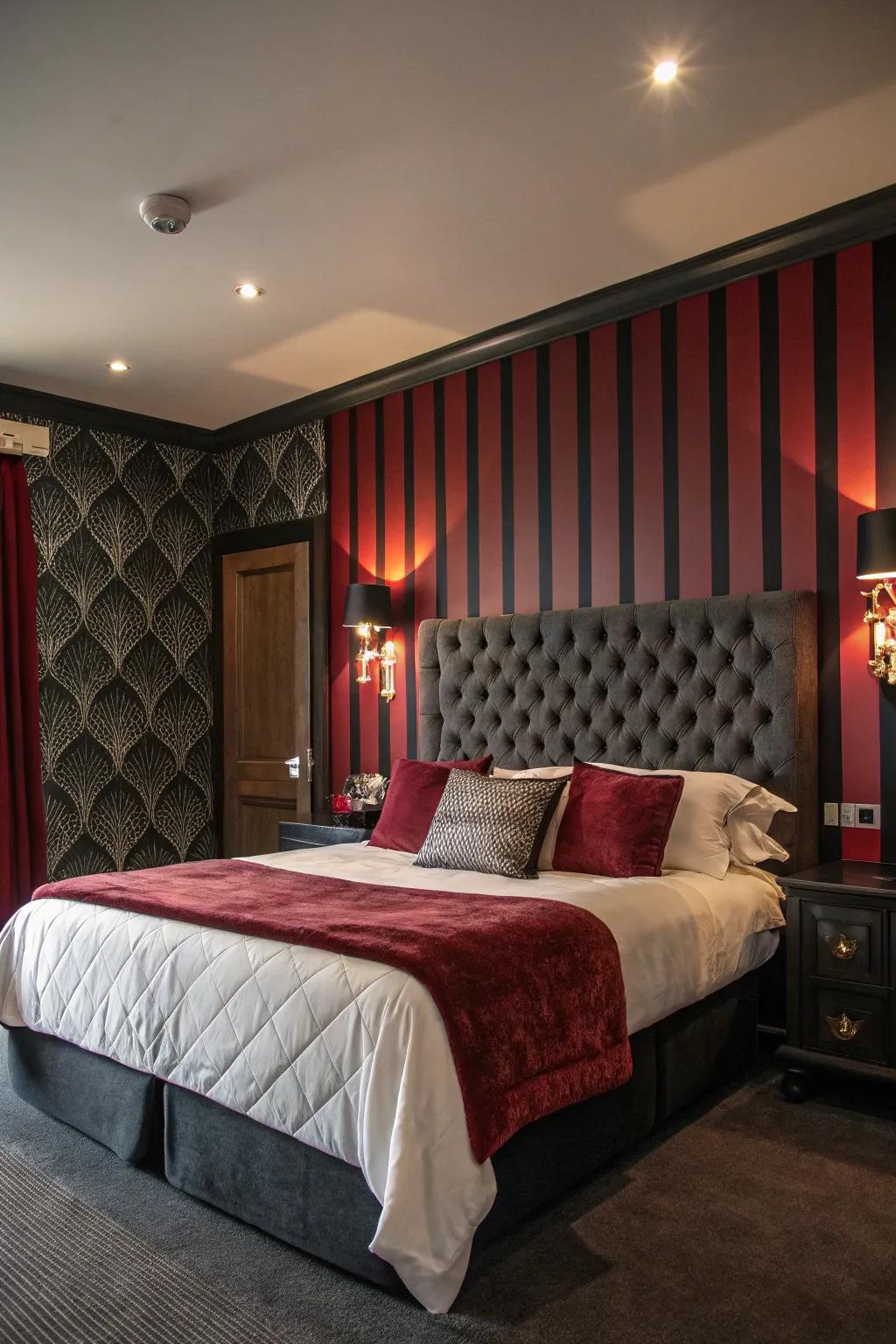 Bold stripes bring drama and a striking visual impact to bedroom decor.