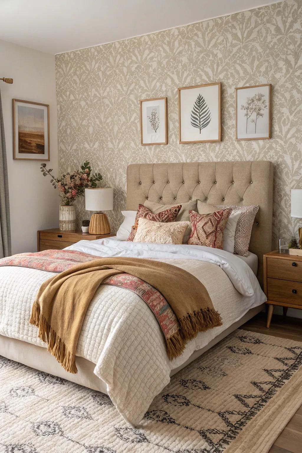 Textured wallpapers add depth and dimension to bedroom decor.