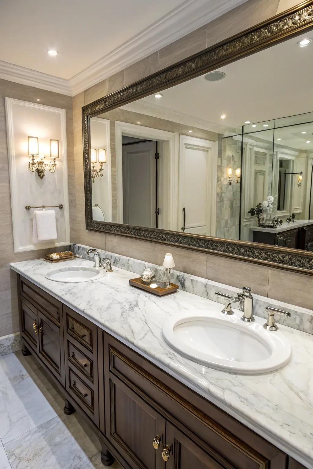 Elegant marble countertops complement the double sinks in this luxurious bathroom.
