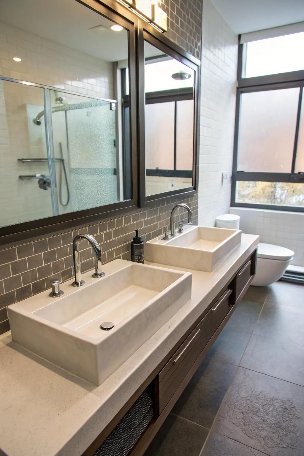 A modern trough sink with double faucets makes a bold statement.