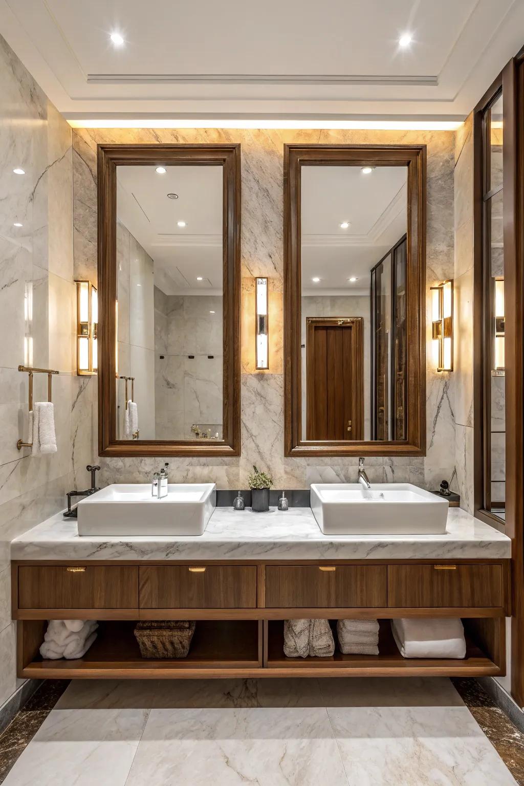 Large statement mirrors add drama and elegance above double sinks.