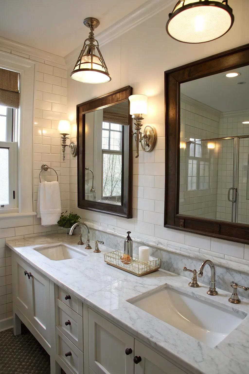 Stylish sconces and pendant lights illuminate the double sinks beautifully.