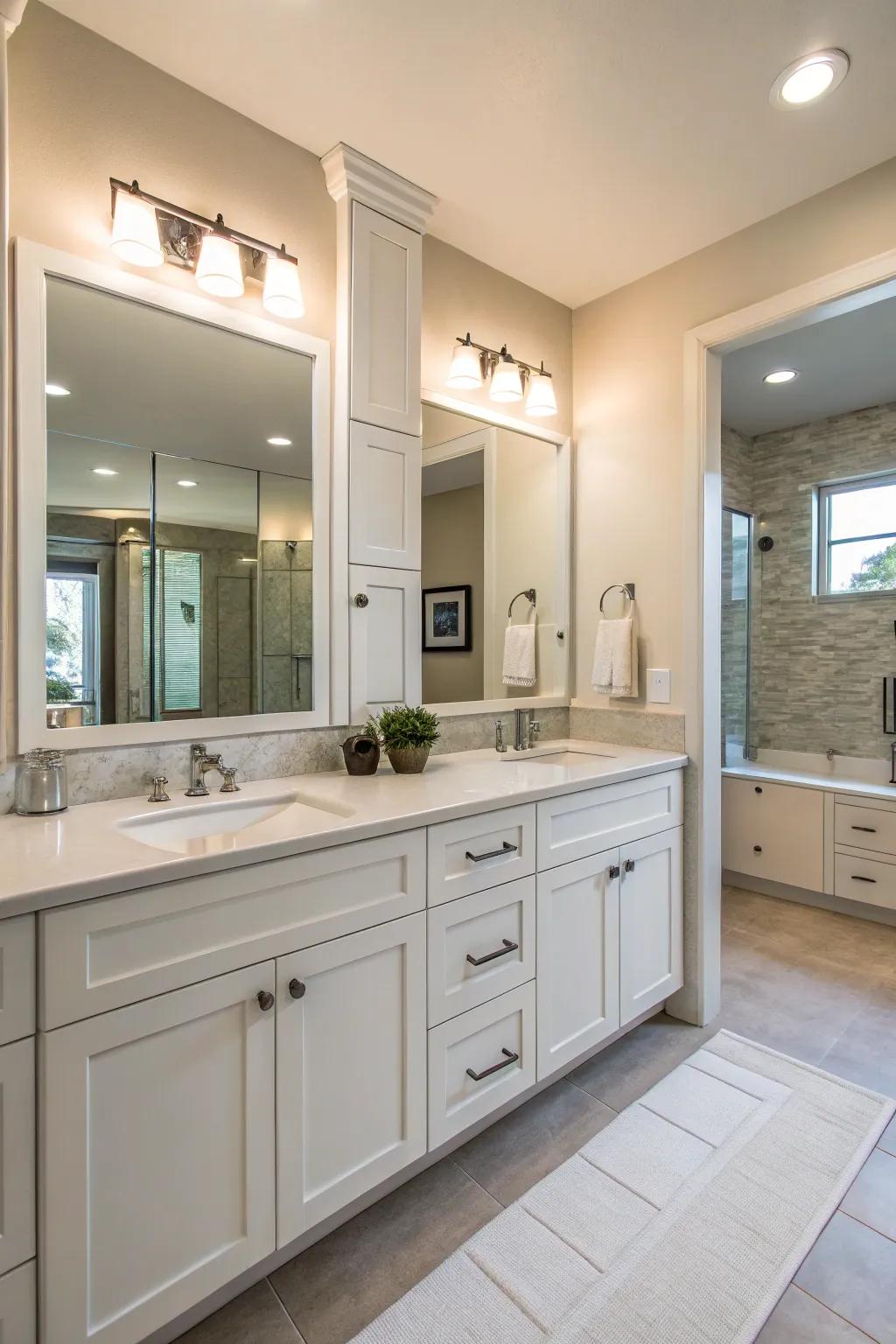 Ample cabinet storage beautifully complements the double sinks in this bathroom.
