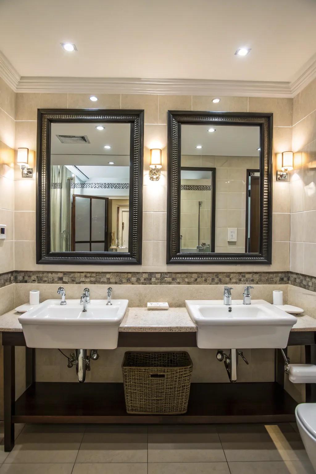 A symmetrical bathroom setup with perfectly aligned double sinks and mirrors.