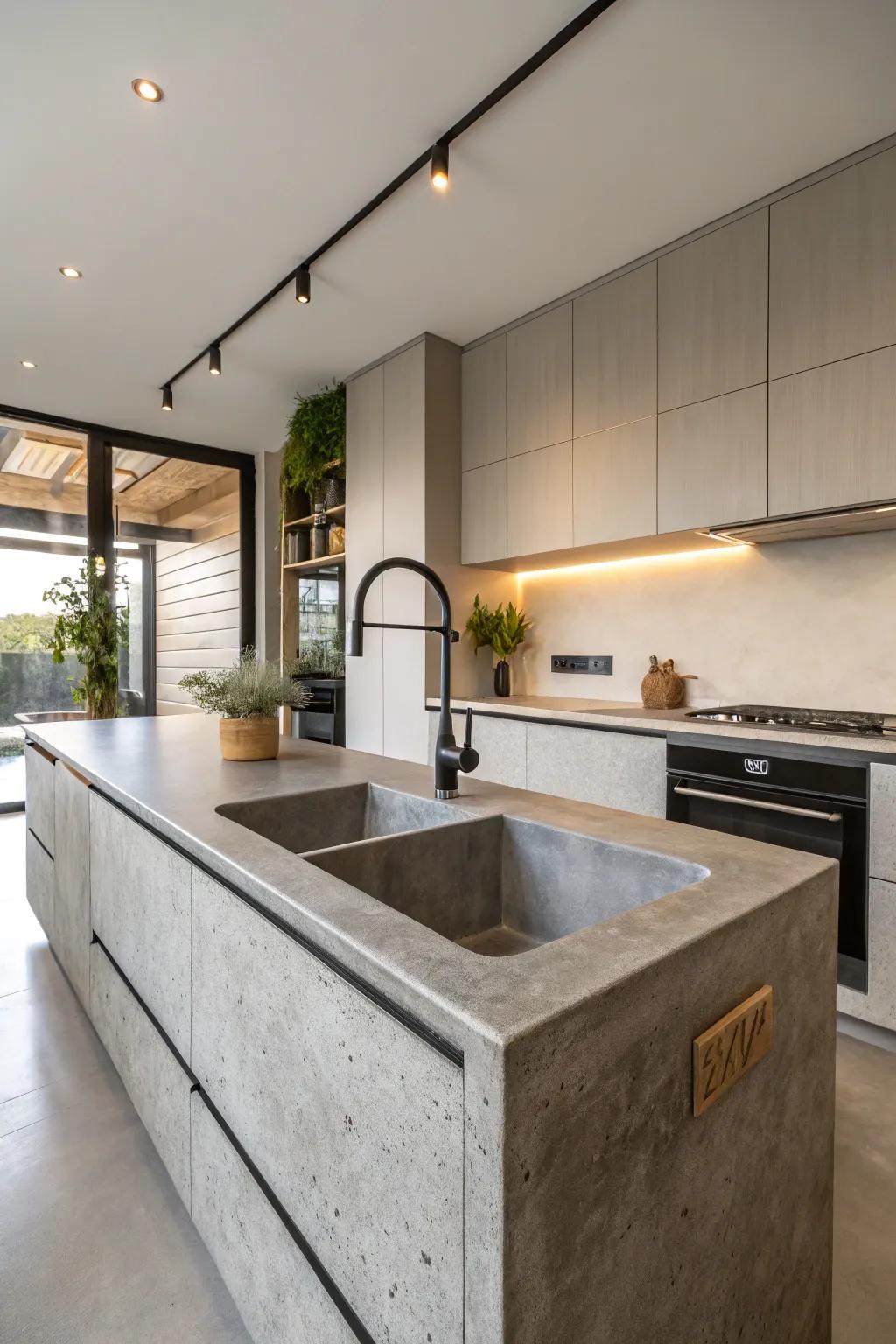 Concrete sink integrated into a contemporary kitchen countertop.