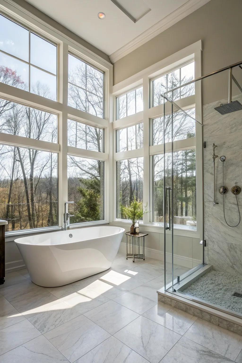 A master bathroom bathed in natural light from large windows.