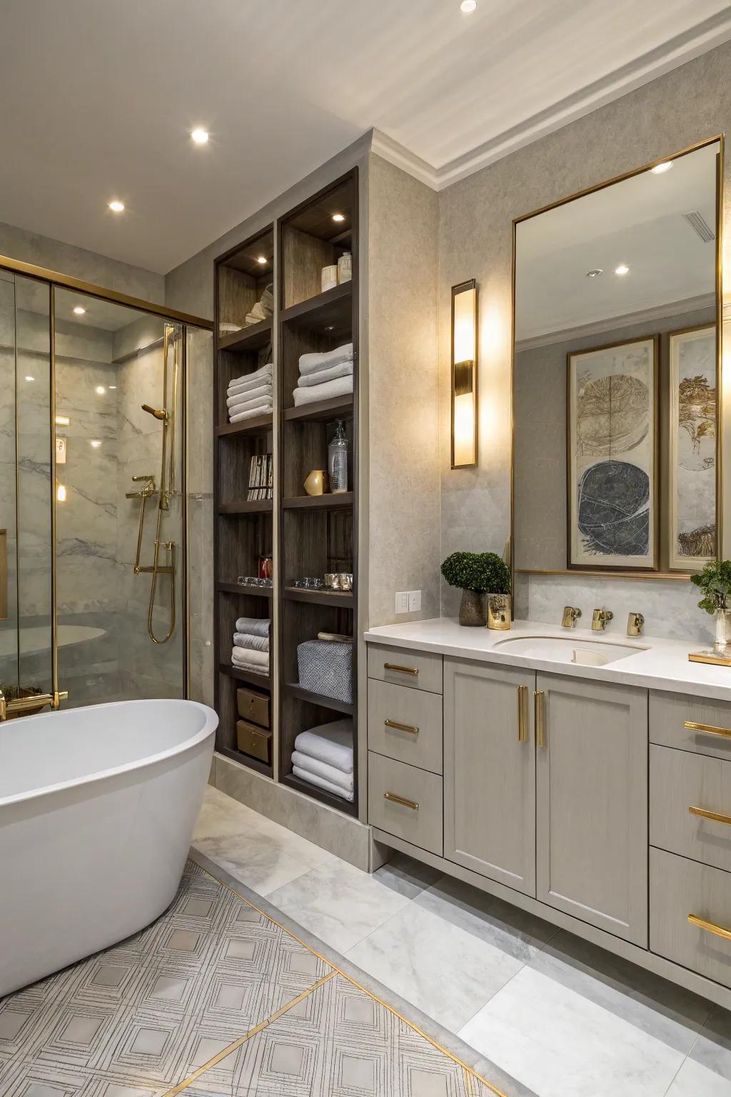 A modern bathroom featuring custom storage solutions.