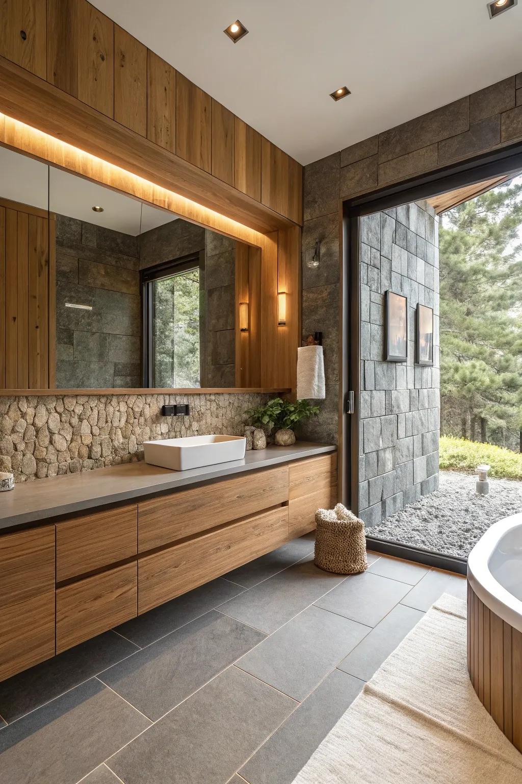 A modern bathroom featuring organic elements like wood and stone.