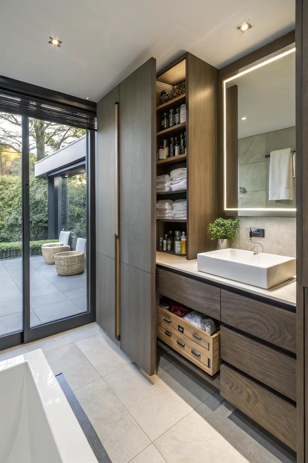 A modern bathroom featuring hidden storage solutions for a clean look.
